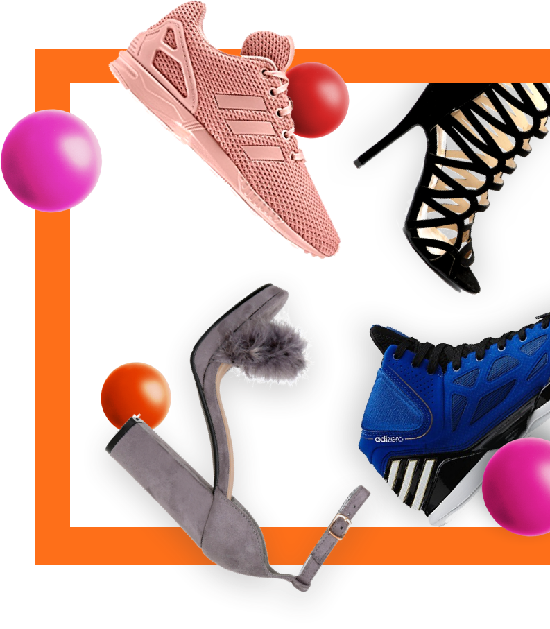 a collage of sneakers, high heels, and red balls